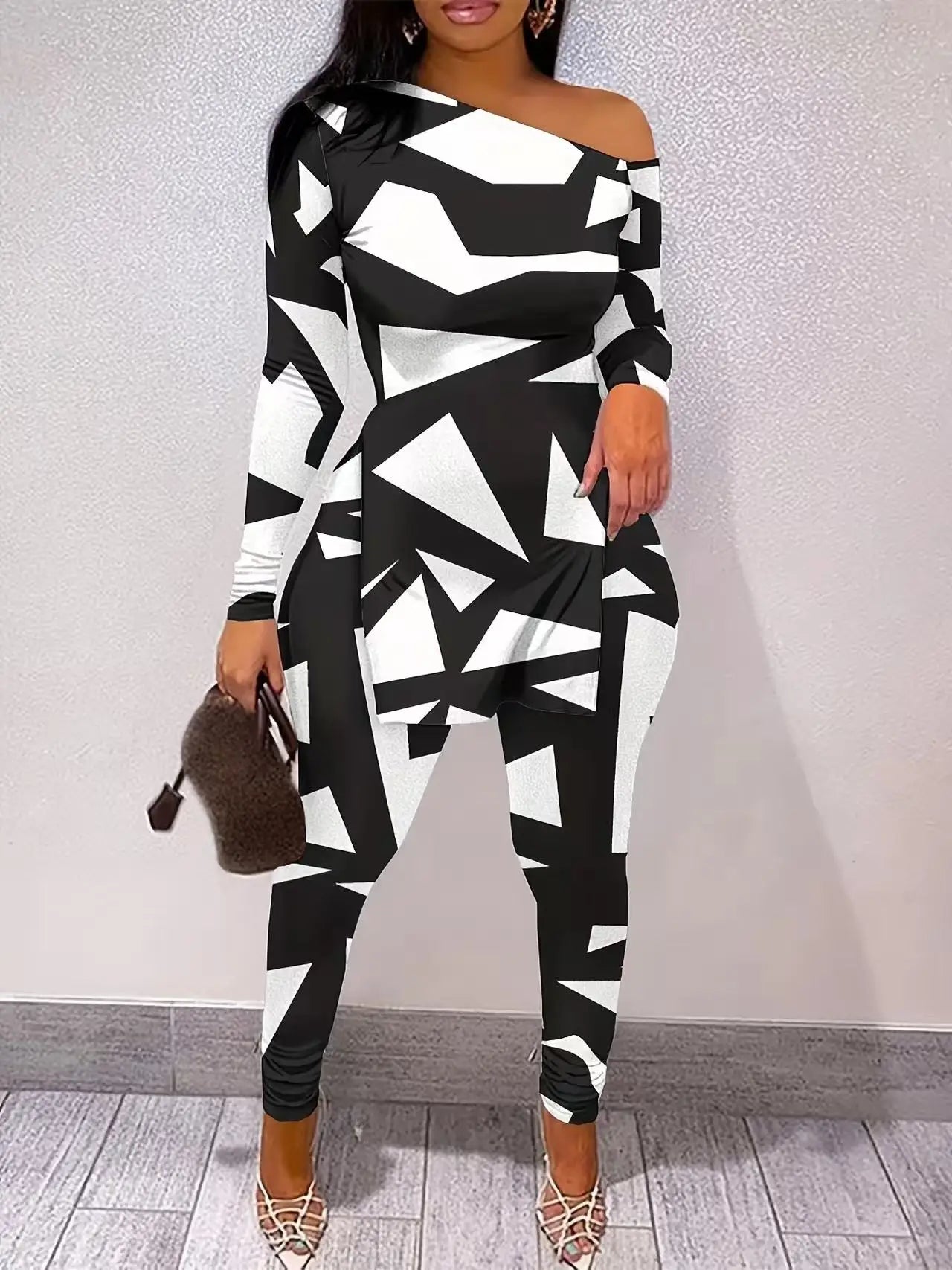 Women One Shoulder Geometric Print Polyester Two Piece Outfit Set