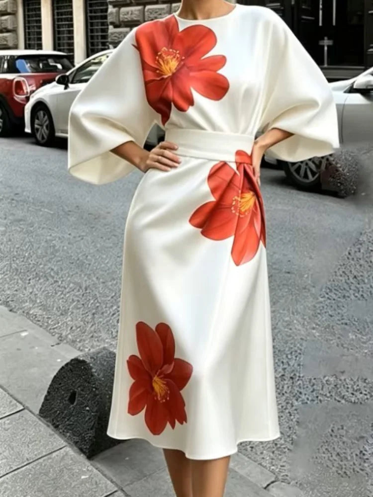 Satin Puff Sleeve Round Neck Tie-Dye Dress