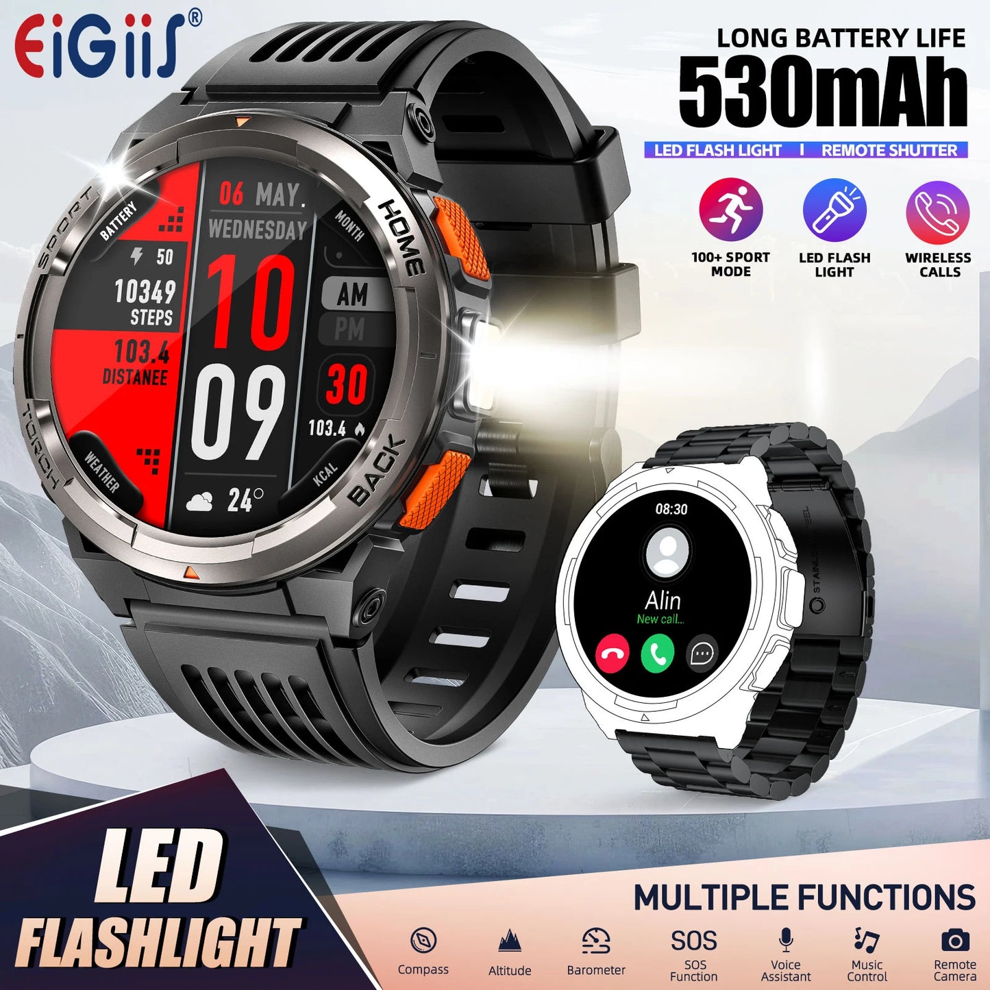 EIGIIS KE5 Smart Watch 3ATM Waterproof Compass Altitude Barometer Flashlight