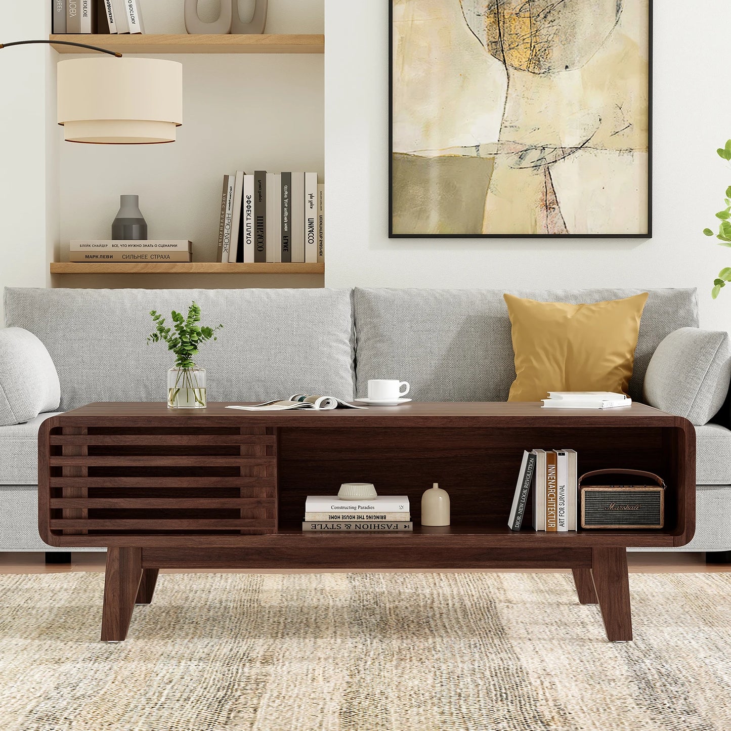 Mid Century Modern Farmhouse Coffee Table with Storage, Wood Table for Living Room, Farmhouse Style