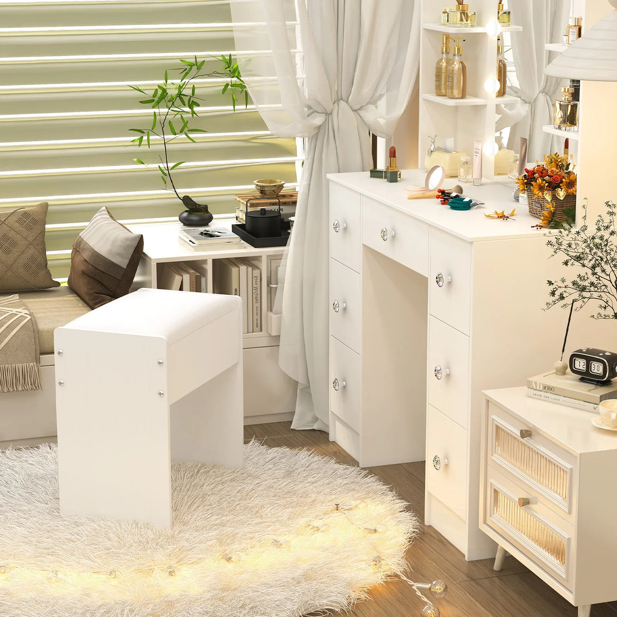 Elegant Padded Makeup Vanity Stool with Sturdy Wooden Legs, Dressing Chair Bench, Easy Assembly for Bedroom Vanity Table