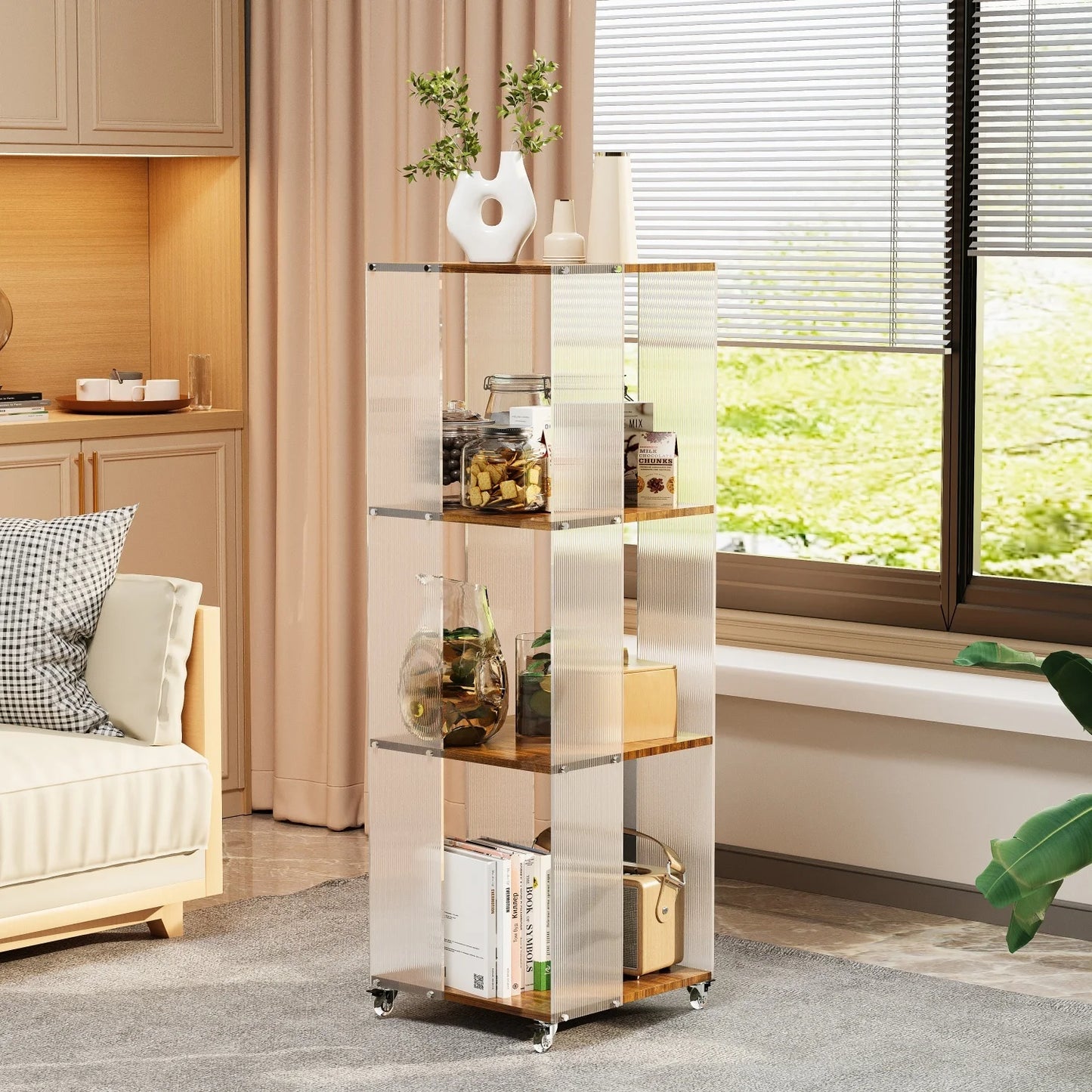 4-Tiered Storage Bookshelf Free Standing Acrylic Panels Storage Rack Shelving Unit on Wheels for Home Organization