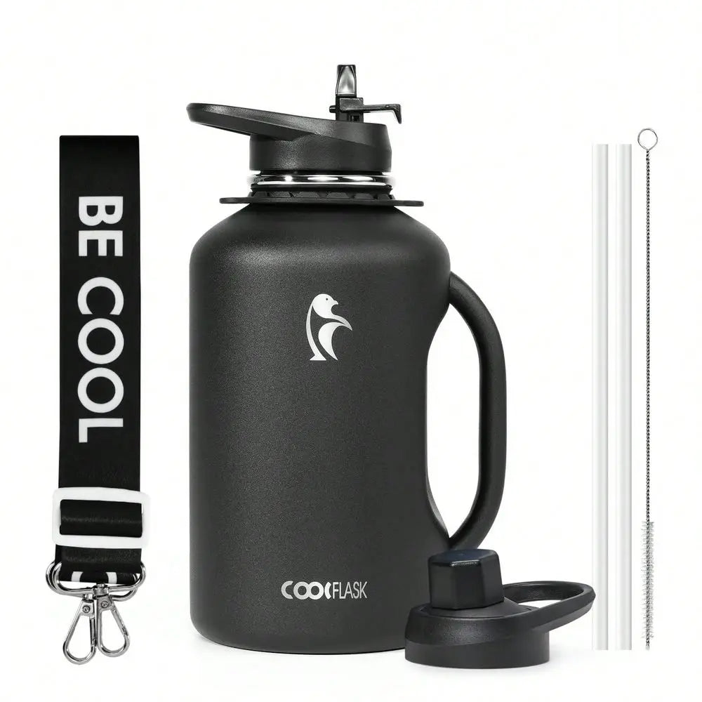 64oz Insulated Water Bottle With Handle & Strap, Stainless Steel Half Gallon Water Drinkware With 2 Lids & Straws, Lea