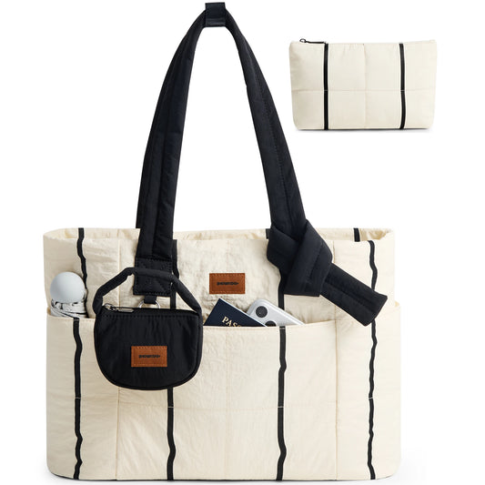 SHOWKOO Puffer Tote Bag for Women, Lightweight Quilted Tote Handbag with Mini Pouch, Nurse Bag for Travel College & Daily Use