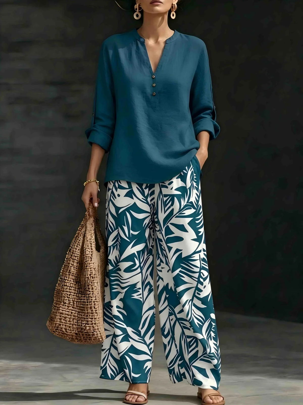 Women's Leaf Print Blouse and Wide Leg Pants Outfit Set