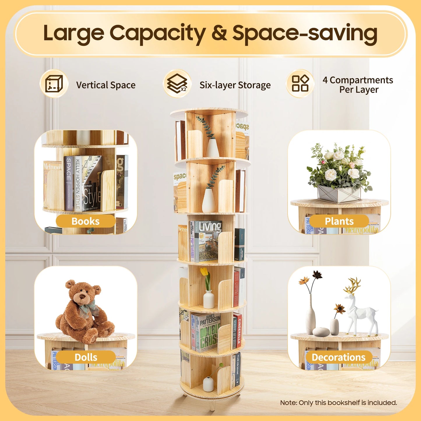 Multi-Functional Revolving Bookshelf Organizer Rotating Bookshelf 360 Display Floor Standing Bookcase Storage Rack
