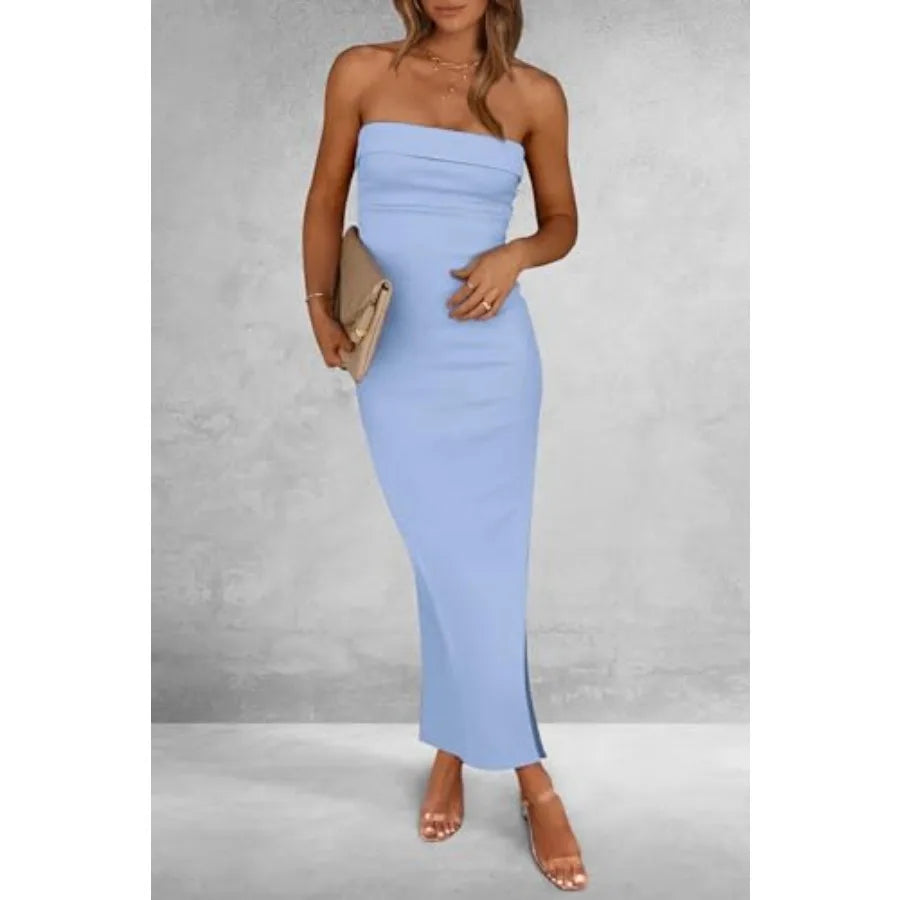 Women Ribbed Tube Dress With Side Slit Casual Bodycon