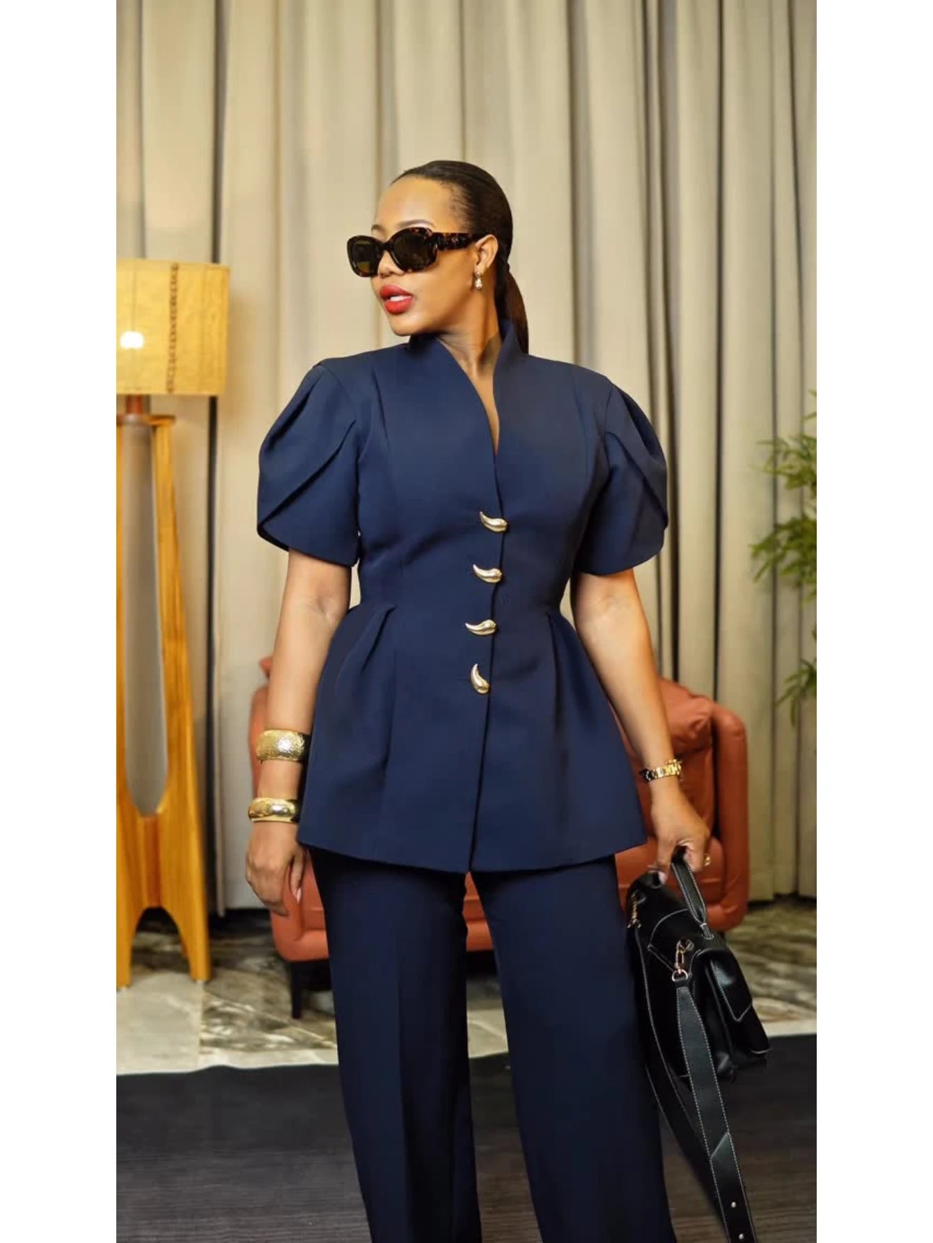 Women Stand Collar Puff Sleeve Peplum Polyester Pants Suit