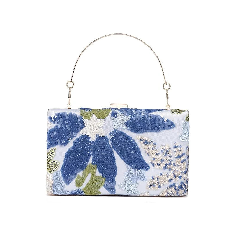 Sequined Leaf Floral Crossbody Clutch Bag With Vintage Chain Strap