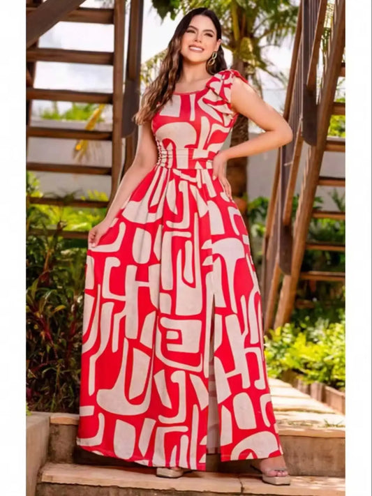 Sleeveless Geometric Maxi Dress Bow Waist Slit Elegant Summer Vacation
