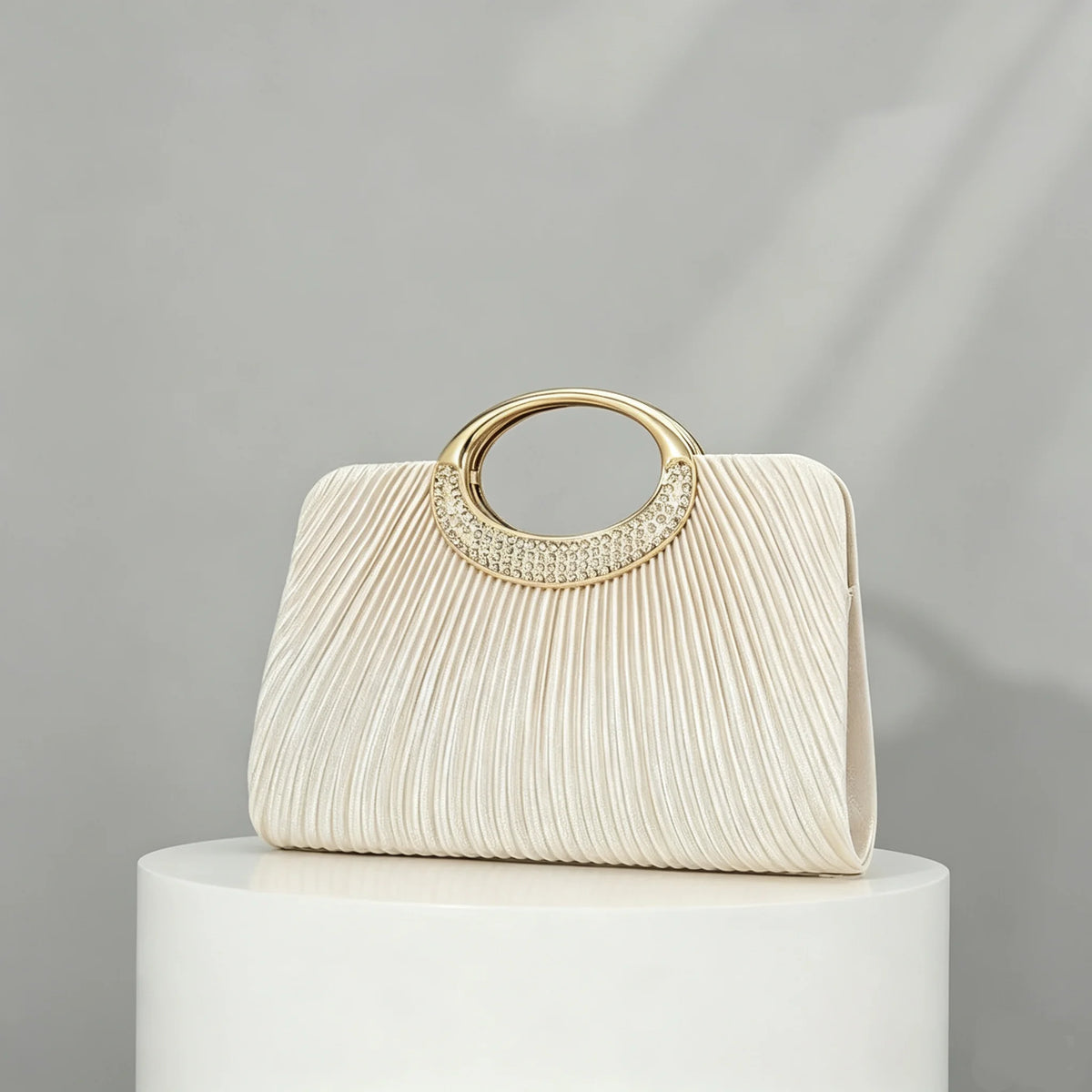Pleated Rhinestone Metal Ring Handle Clutch With Crossbody Chain