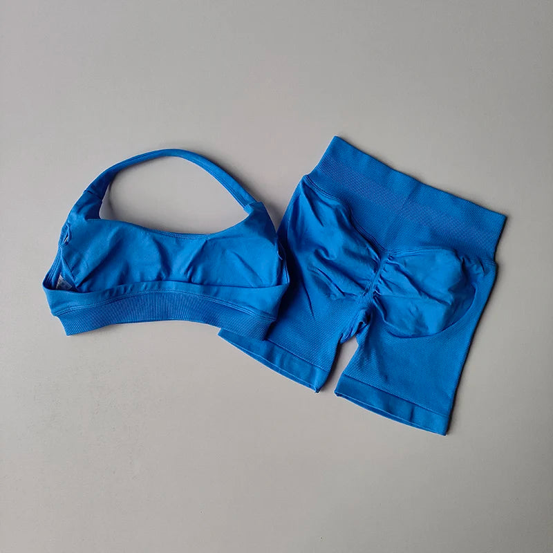 Halter Neck Sports Bra Shorts Set For Yoga Pilates