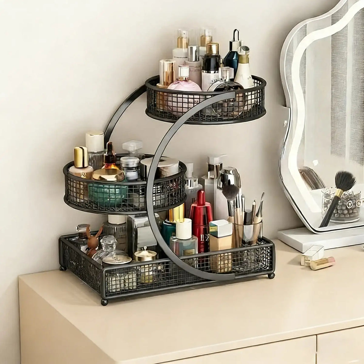 3-Tier Circular Metal Storage Rack, No Assembly Required Polished Cosmetics Organizer, Multi-Purpose Skincare Display Stand for Vanity Bathroom Kitchen Countertop