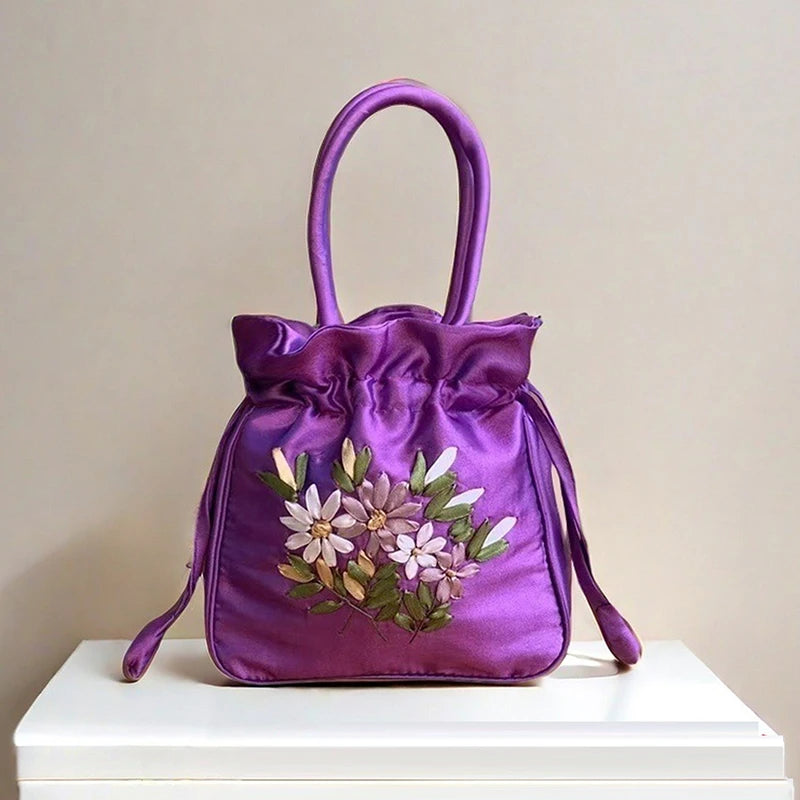 National Style Embroidered Flower Bucket Bag With Drawstring