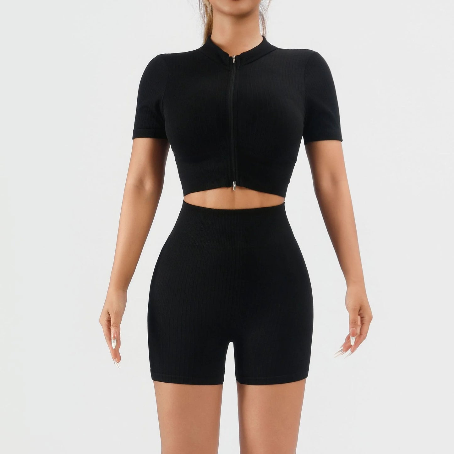 Women Seamless Ribbed Two Piece Yoga Set With High Waist Shorts