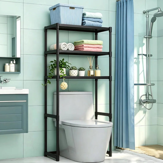3 Tier Over the Toilet Shelf, Freestanding Bathroom Shelves | Over Toilet Bathroom Organizer Storage Rack, Space Saver Freestanding Shelf for Restroom Laundry Balcony Room, Black