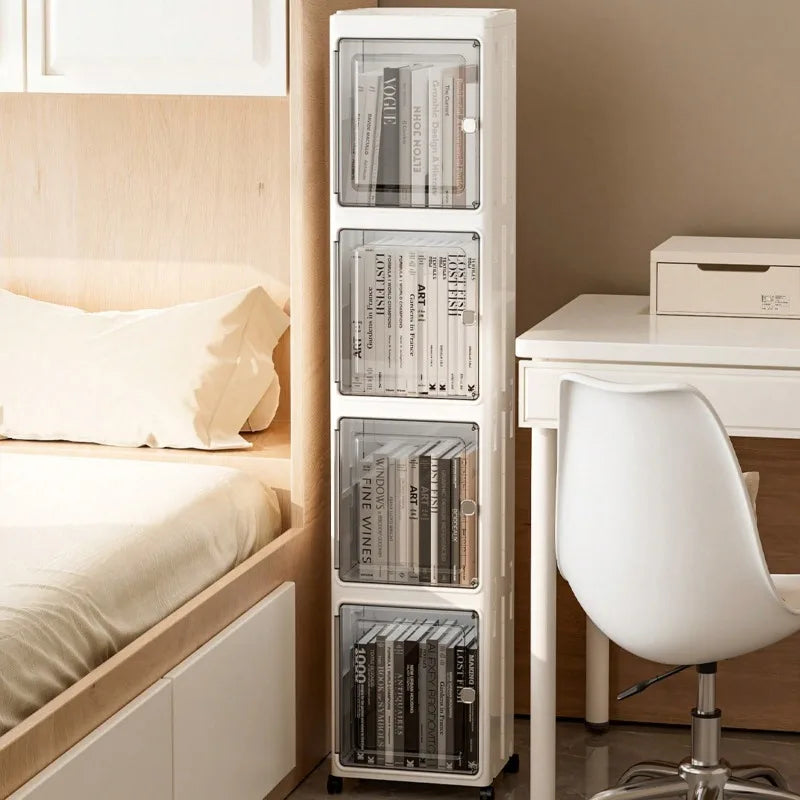5-Tiers Slim Bathroom Storage Cabinet, Foldable Storage Cabinets,Narrow Bathroom Storage,Movable Bathroom Storage Organizer for Small Spaces,Bathroom,Kitchen,Laundry,White