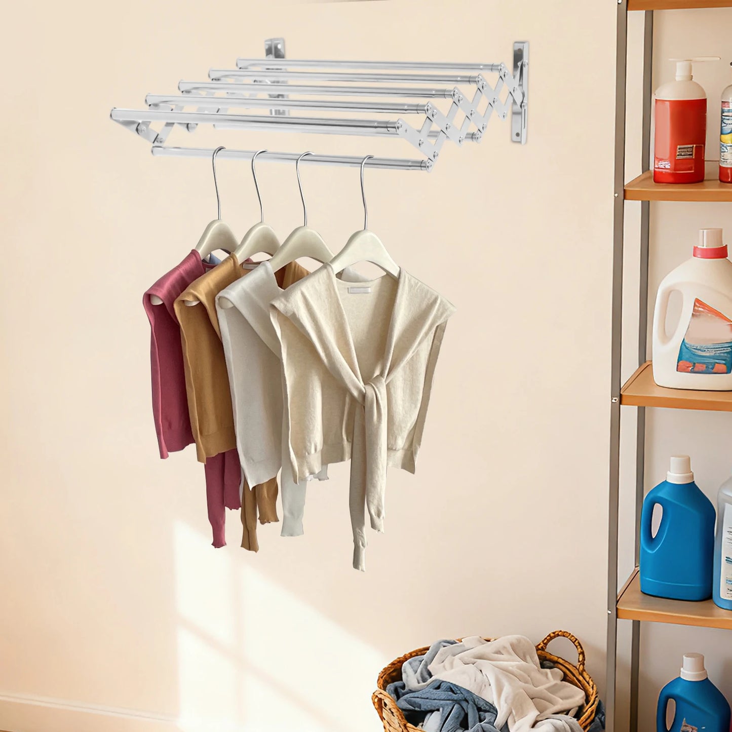 Stainless Steel Wall Mounted Clothes Drying Rack 40kg Load 7 Telescopic Rods Expandable Space Foldable Garment Organizer