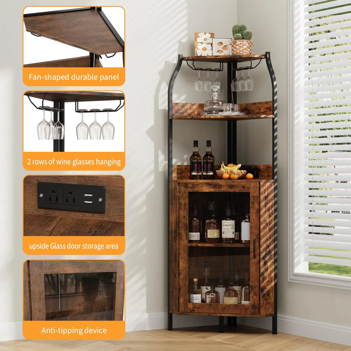 Corner Bar Cabinet With Power Outlet And LED Lights, 5 Tier Industrial Wine Rack, Glass Holder Liquor Storage Display For Small Spaces