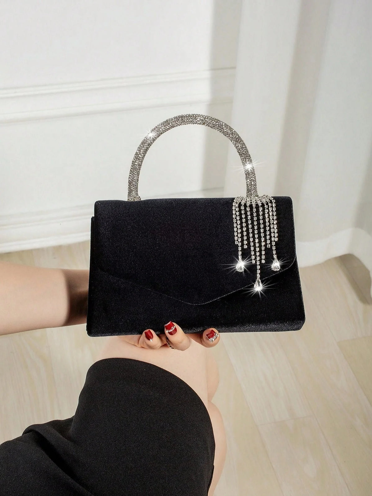 Women's Velvet Envelope Clutch With Rhinestone Tassel Pendant Bag