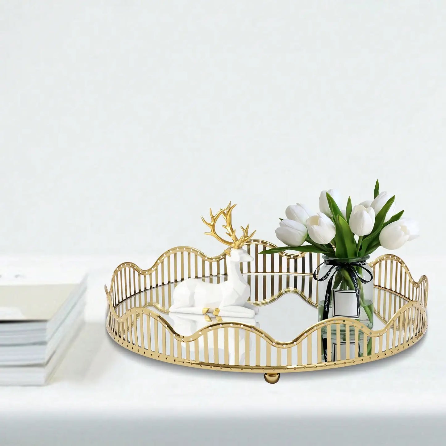 Round Glass Decorative Storage Tray, Multi-Purpose Vanity Organizer Tray for Bathroom Countertop, Jewelry Perfume Cosmetics Display Holder for Bedroom Living Room