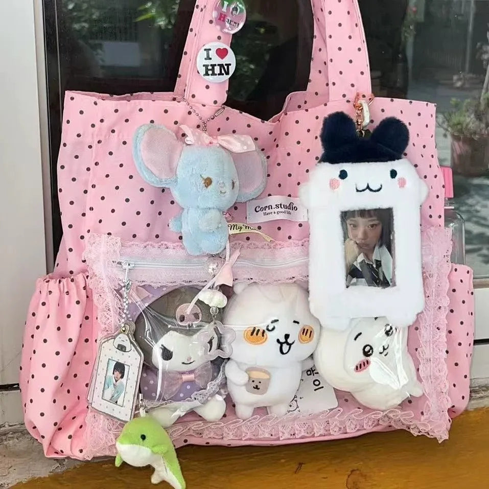 New Large Capacity Fashionable Polka Dot Canvas Shoulder Bag Casual Commuting Tote Bag Cute Hand Ulzzang Y2k Ita Bag for Girls