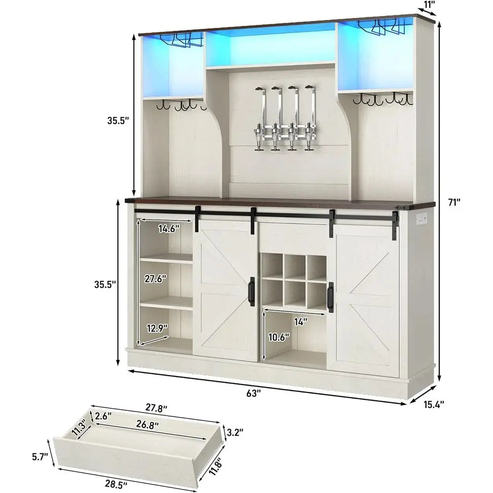 armhouse Coee Bar Cabinet with LED Light, Charging Station & Sliding Barn Do- 63"W x 71"H Large Wine Rack, Built-in Liquor Dispe