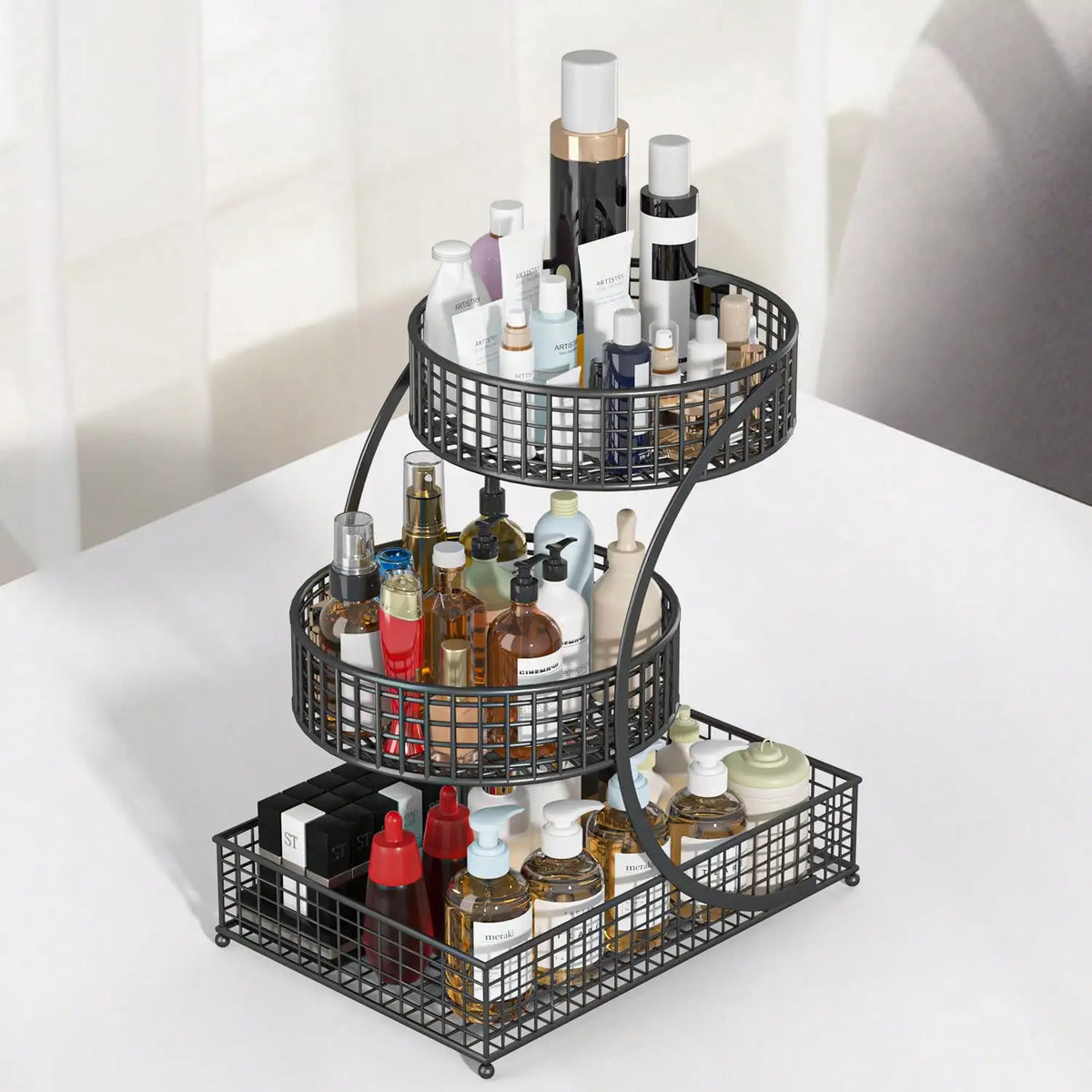 3-Tier Circular Metal Storage Rack, No Assembly Required Polished Cosmetics Organizer, Multi-Purpose Skincare Display Stand for Vanity Bathroom Kitchen Countertop