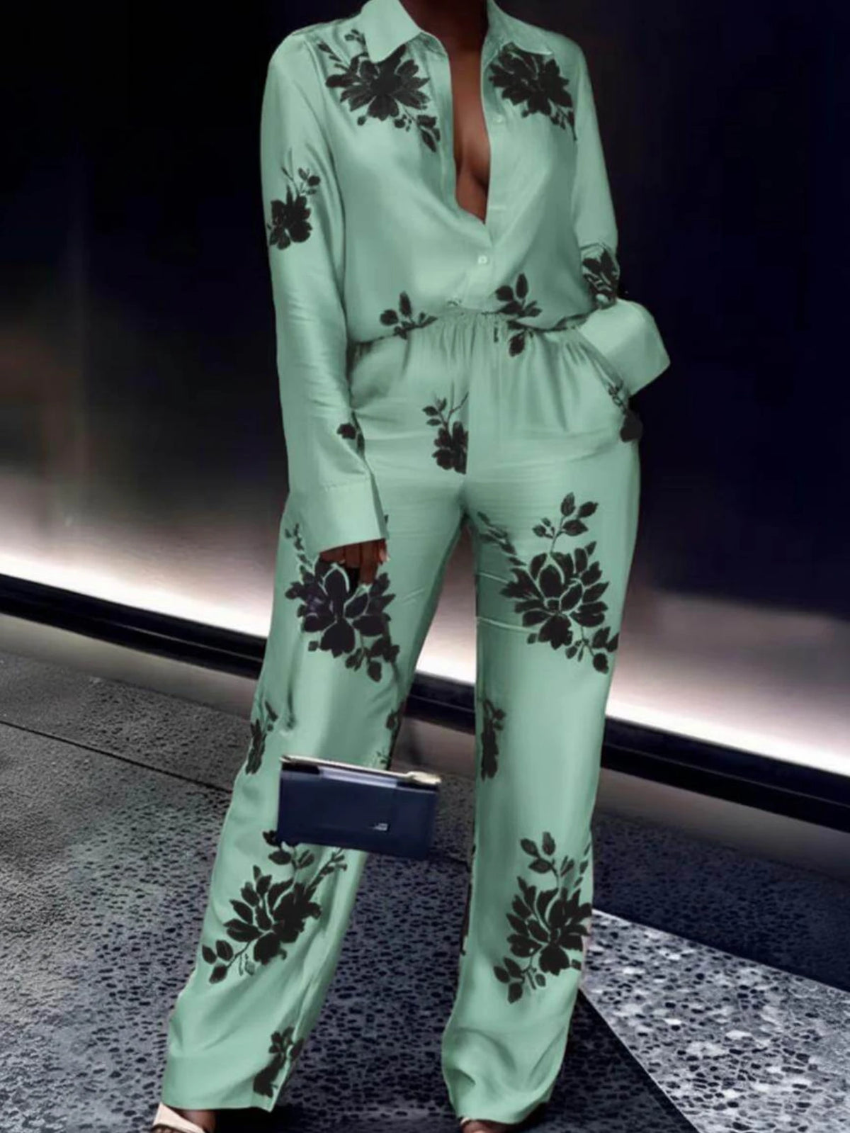 Women Printed Collar Shirt Matching Pants Casual Two Piece Set