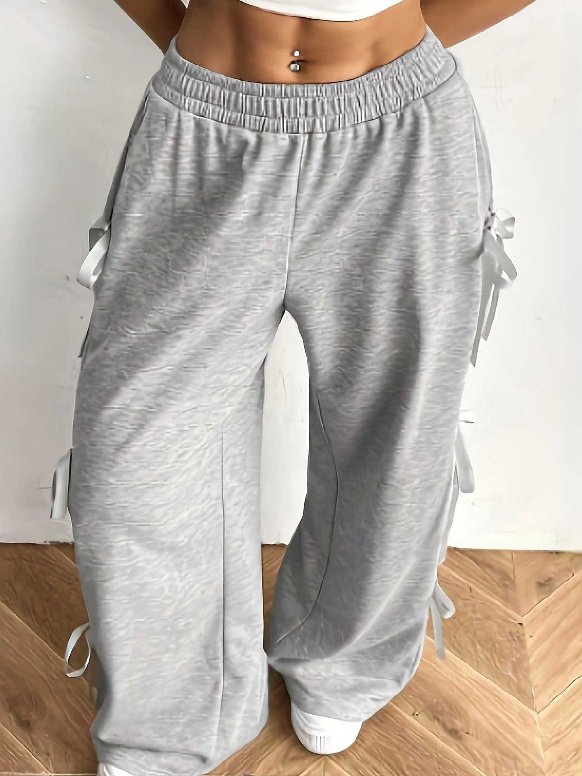 Plus size women's sweet and cool style grey wide-leg pants; bow tie design; loose casual long pants