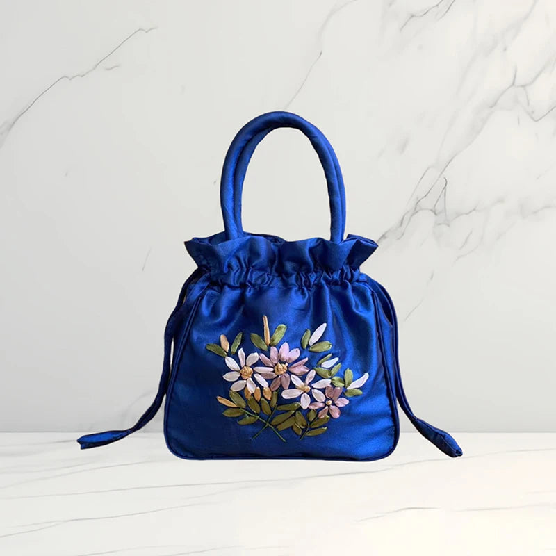 National Style Embroidered Flower Bucket Bag With Drawstring