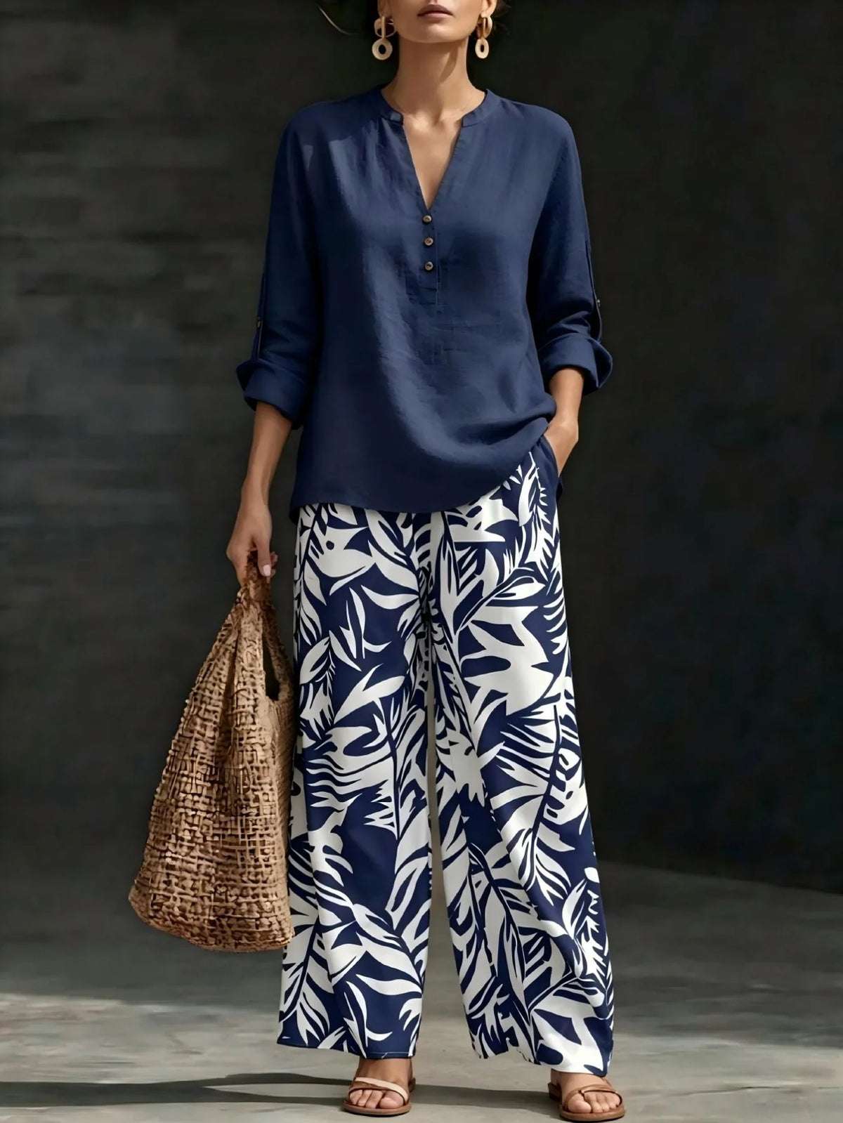 Women's Leaf Print Blouse and Wide Leg Pants Outfit Set