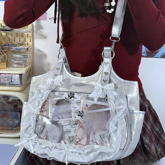 Luxury Design Ruffled Lolita Women Handbags Punk Gothic Bow Underarm Bag Transparent Sweet Lace Shoulder Ita Bags Y2k Aesthetic