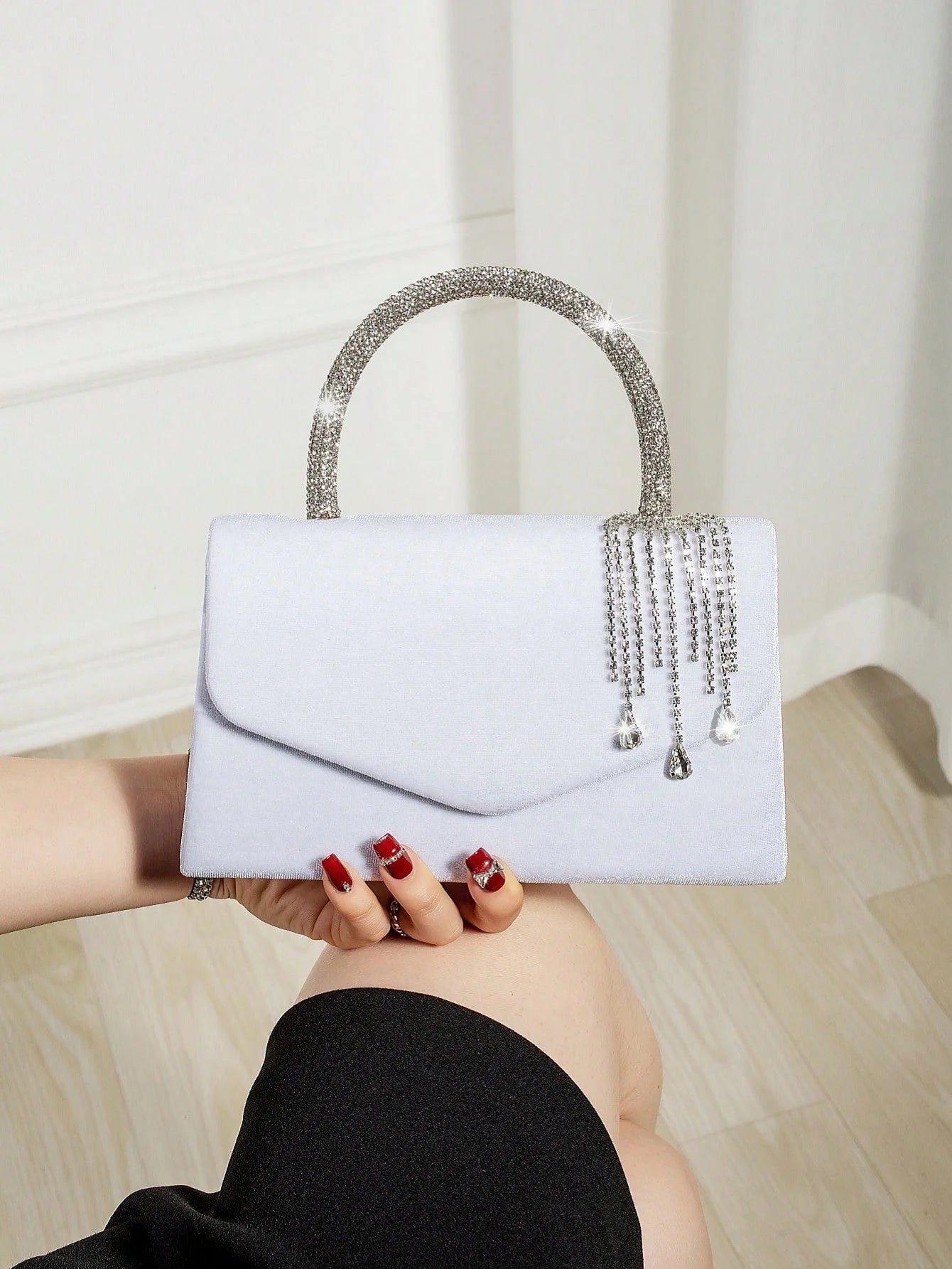 Women's Velvet Envelope Clutch With Rhinestone Tassel Pendant Bag