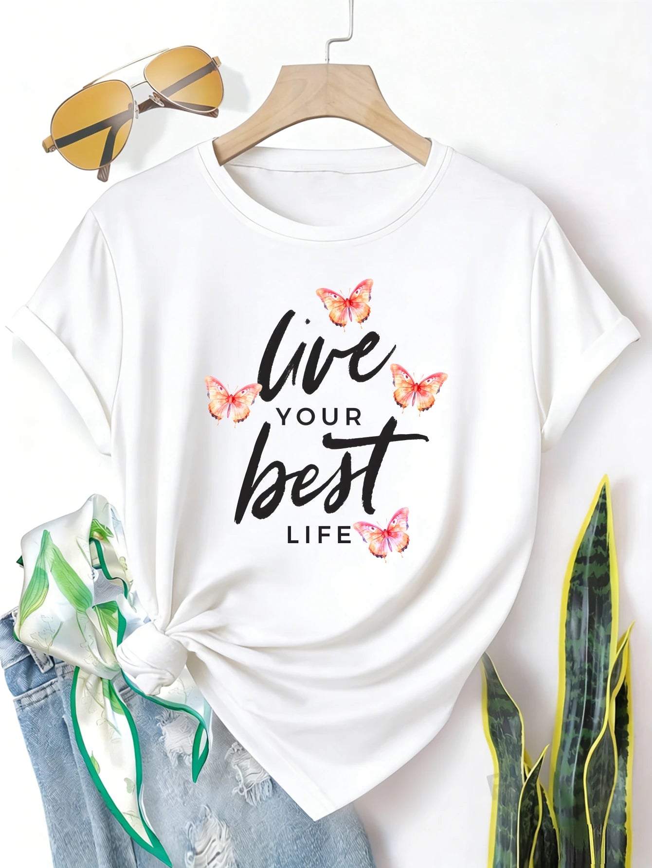 Plus Size Womens Short Sleeve T Shirt Butterflies Print