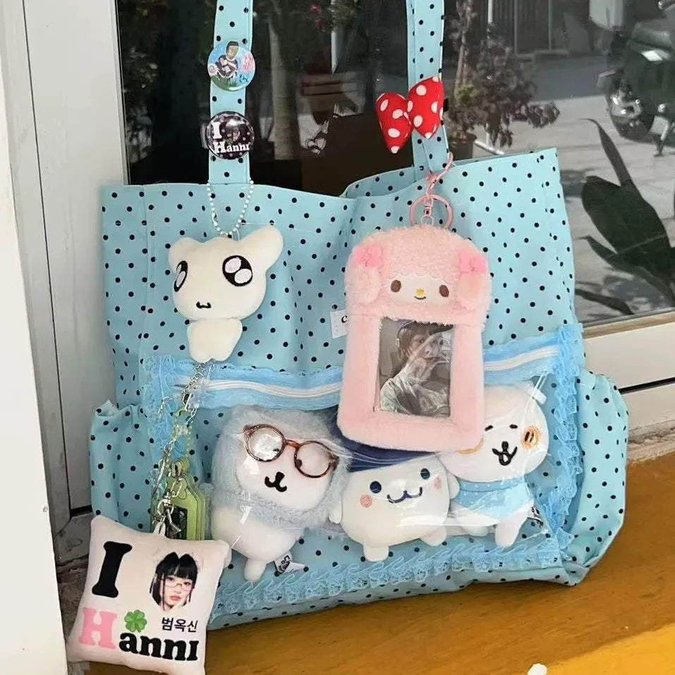 New Large Capacity Fashionable Polka Dot Canvas Shoulder Bag Casual Commuting Tote Bag Cute Hand Ulzzang Y2k Ita Bag for Girls