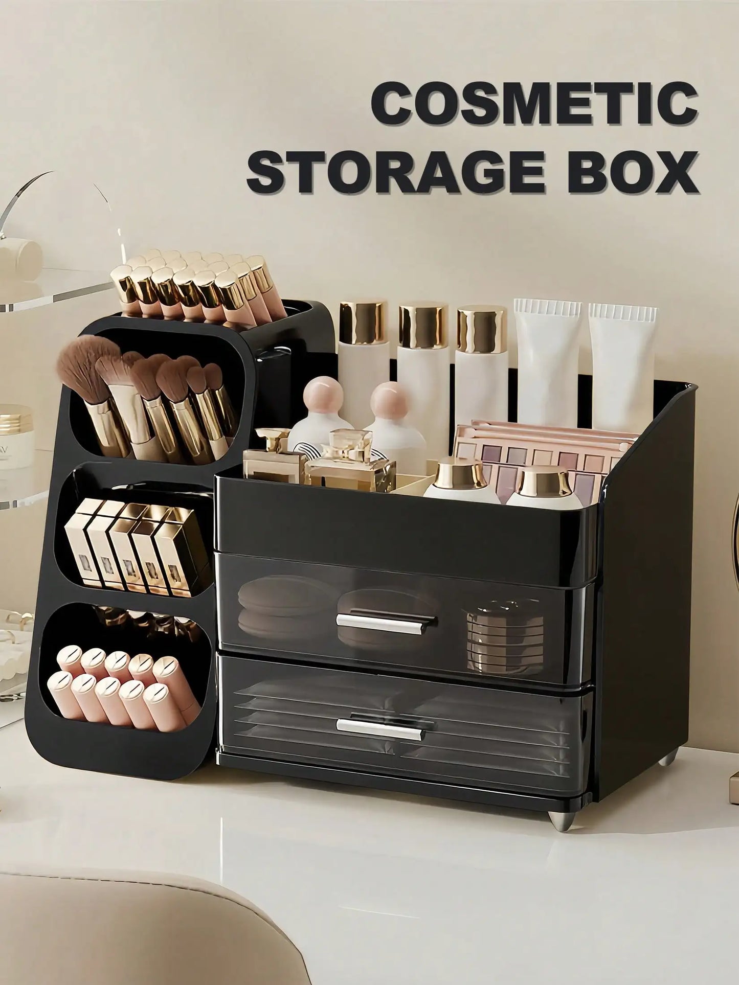 Makeup Organizer with Brush Holder & Drawers, Large Capacity Cosmetic Storage for Vanity Bathroom Countertop, Skincare Lipstick Display Stand