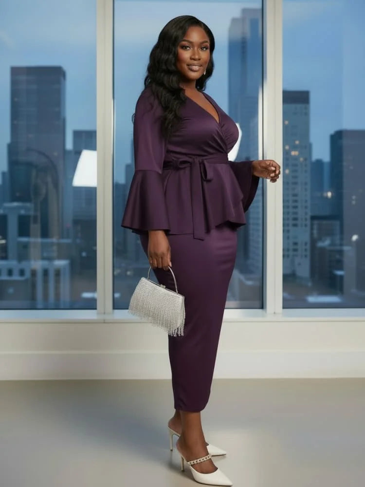 Plus Size V Neck Flare Sleeve Wrap Peplum Top + High Waist Midi Skirt Matching Set For Women Evening Bodycon Two Piece Outfit