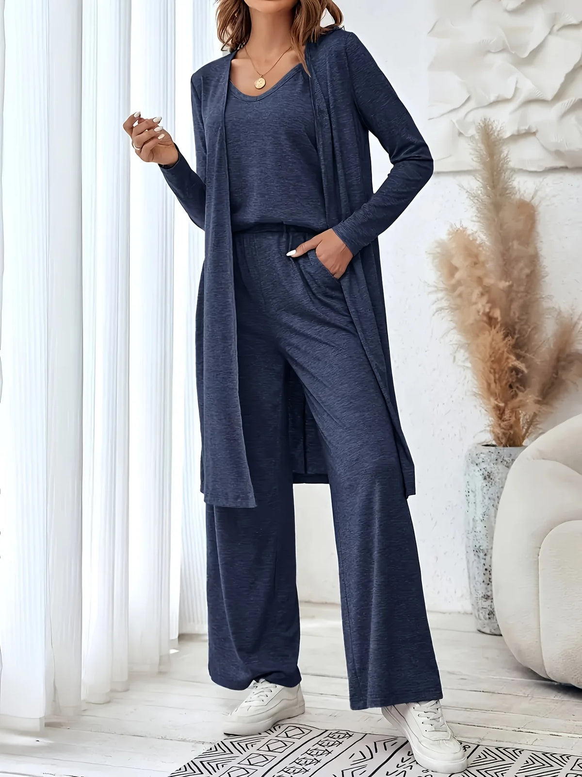 Womens Three Piece Lounge Set With Cardigan Tank And Pants