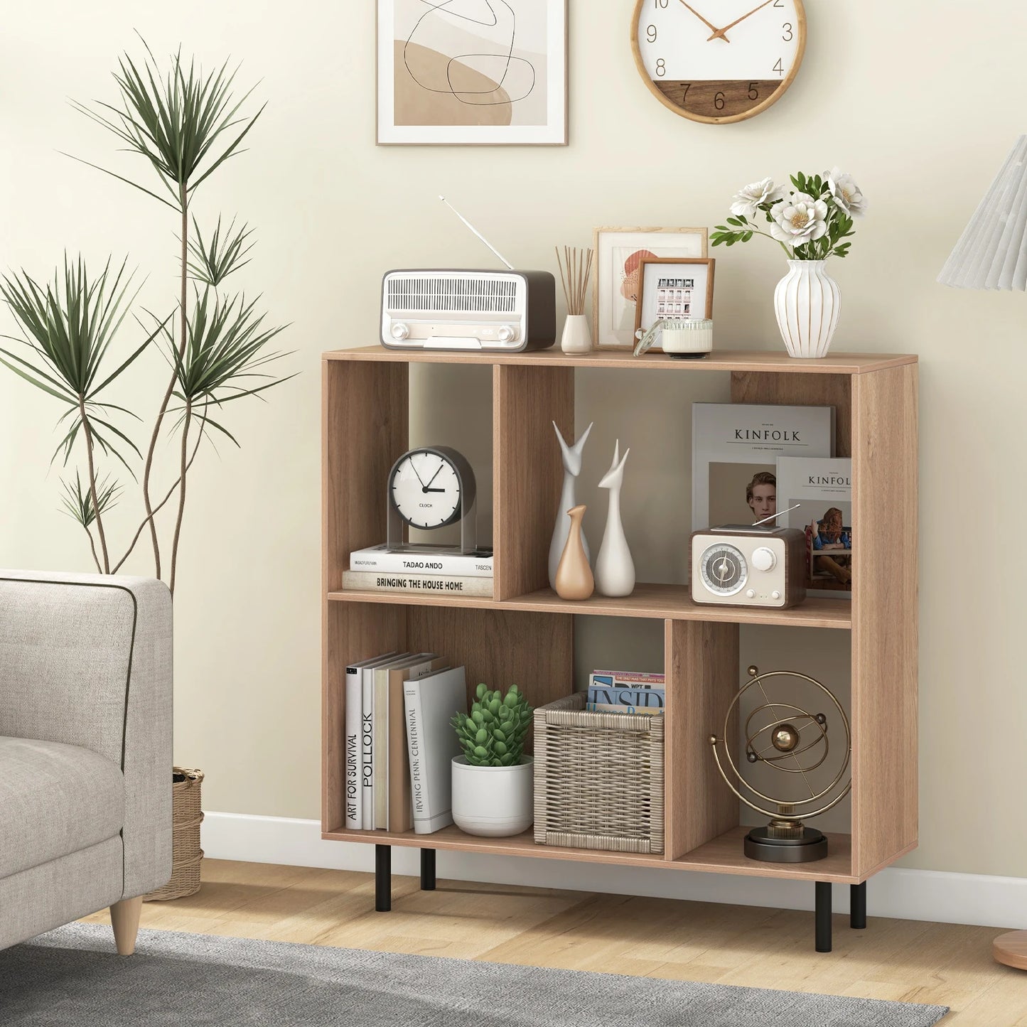 Open Shelf Bookcase Mid Century Modern Cube Bookshelf with 4 Compartments