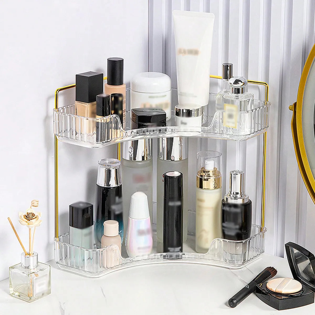 2/3 Tier Corner Makeup Organizer, Square Bathroom Countertop Storage Shelf, PET Large Capacity Cosmetics Box for Skincare Perfume Lipstick, Space Saver