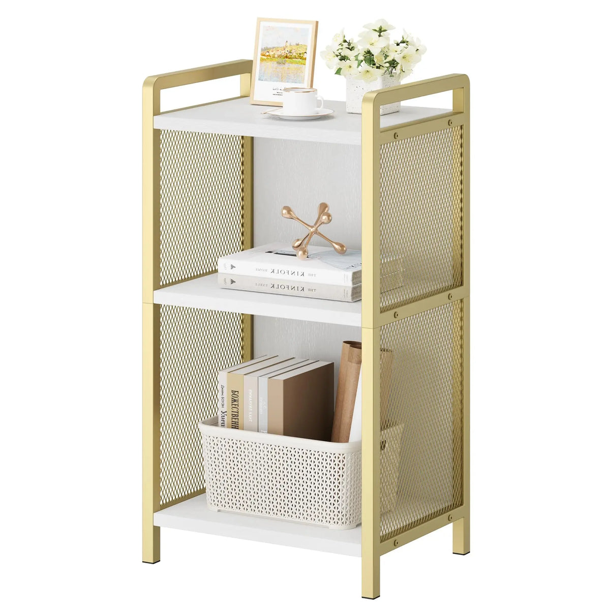 Modern 3-Tier Coffee Table With Storage Shelf, Narrow MDF Side Table With Gold Metal Detail For Living Room, Bedroom, Office, Entryway