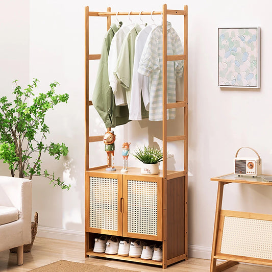 Bamboo Garment Rack, Heavy Duty Coat Stand, Wardrobe with 3 Storage Shelves, Shoe Shelf