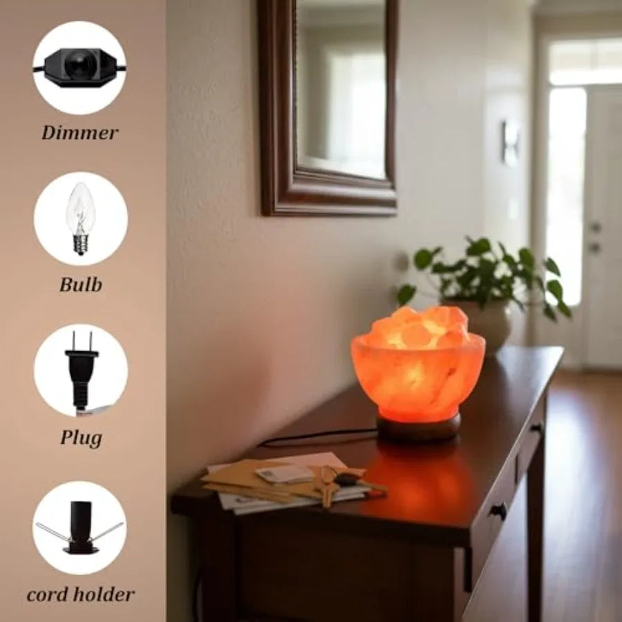 Himalayan Pink Salt Lamp Bowl Authentic from Pakistan, Natural Crystal Chunks, Dimmable Warm Glow Light, Premium Wooden Base Re
