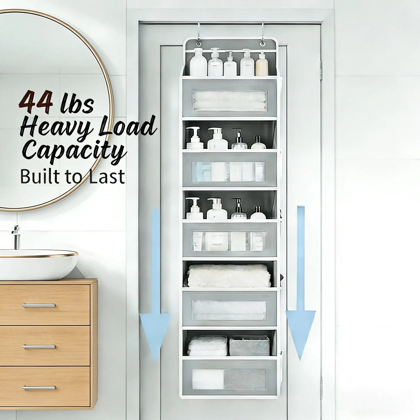 5-Tier Hanging Storage Organizer with 10 Side Pockets, Over Door Pantry Rack with 44 Lbs Capacity, Anti-Tilt Design for Bedroom, Bathroom, Dorm, White