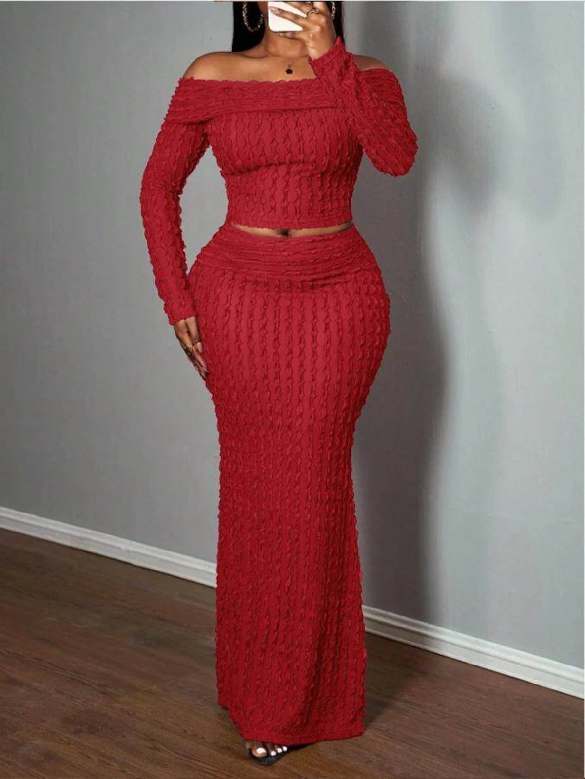 Off Shoulder Crop Top Mermaid Maxi Skirt Matching Set