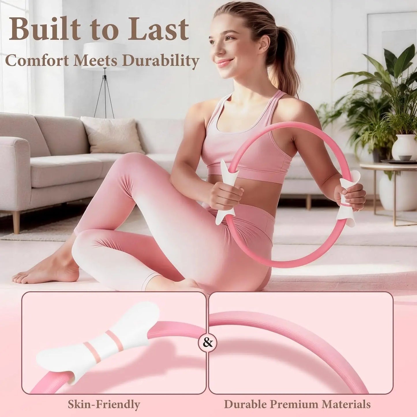 Pink Pilates Ring Kit with 14.5 inch Magic Circle & Foam Roller, Ergonomic Home Workout Equipment Set