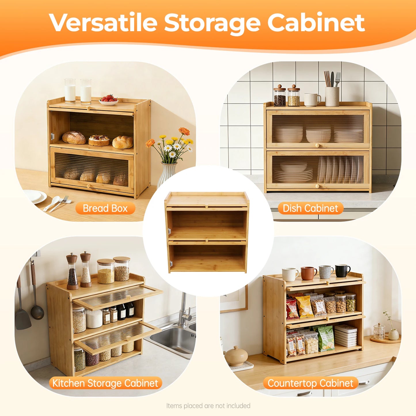 Storage Cabinet Bamboo 2 Tier Countertop Organizer with Glass Doors for Kitchen Bathroom Bedroom Storage Box