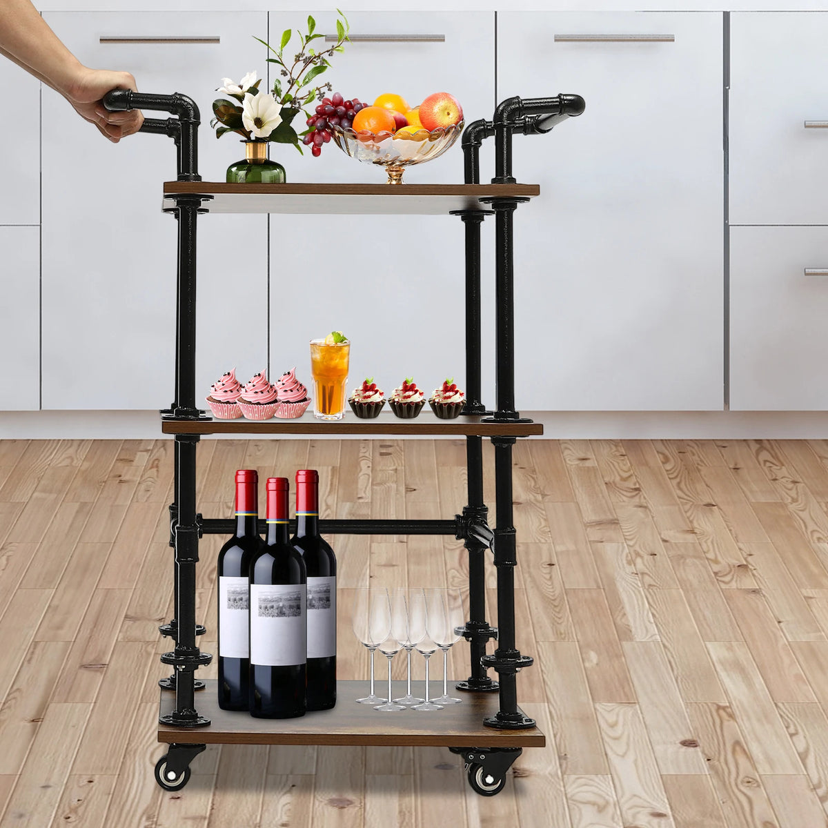3 Tiers Industrial Bar Carts on Wheels with Storage Kitchen Foldable Storage Rack  Wine Tea Liquor Shelves for Kitchens, Bars, Living Rooms, Bedrooms