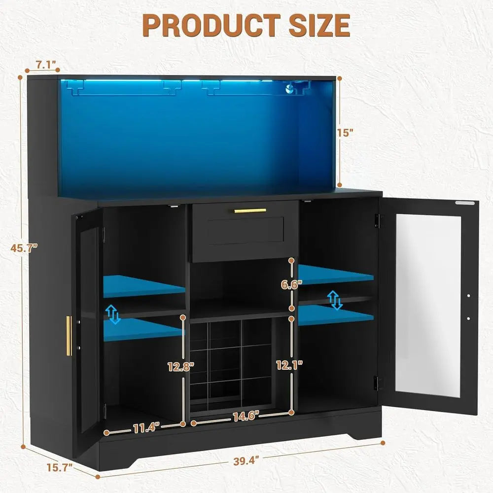 Wine Bar Cabinet with LED Light, Liquor Cabinet with Wine Rack and Glass Holder, Coee Bar Cabiwith Der, Buet Sideboard Table wit